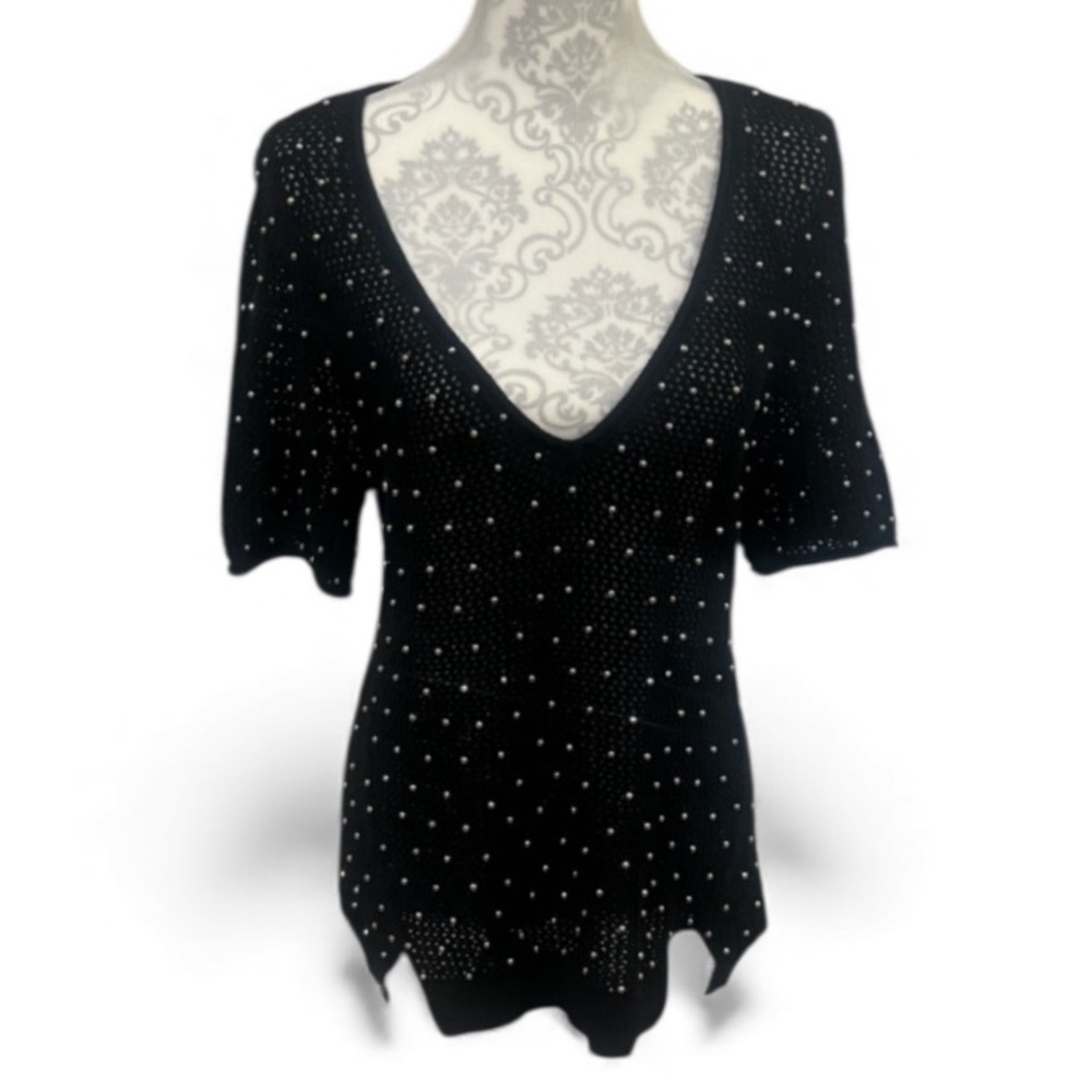 Jennifer Lopez Short Sleeve Deep V-Neck Sweater Black Silver Studs Size L EUC